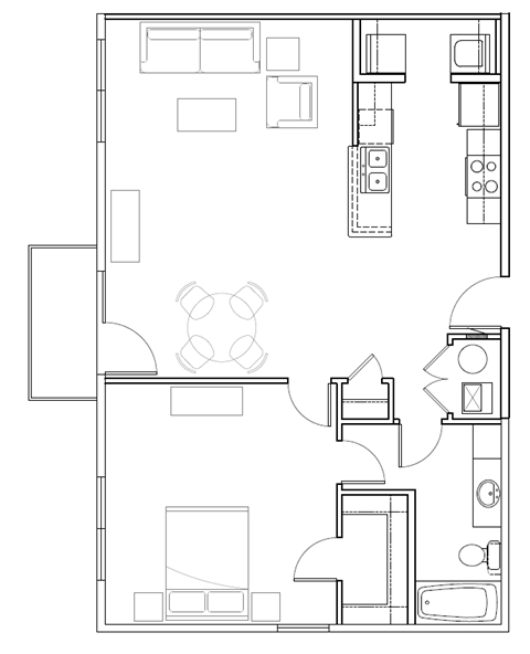 1 Bedroom 1 Bath 806 Sq.Ft. Floor Plan at Murdock Gardens, Lafayette, IN 47904